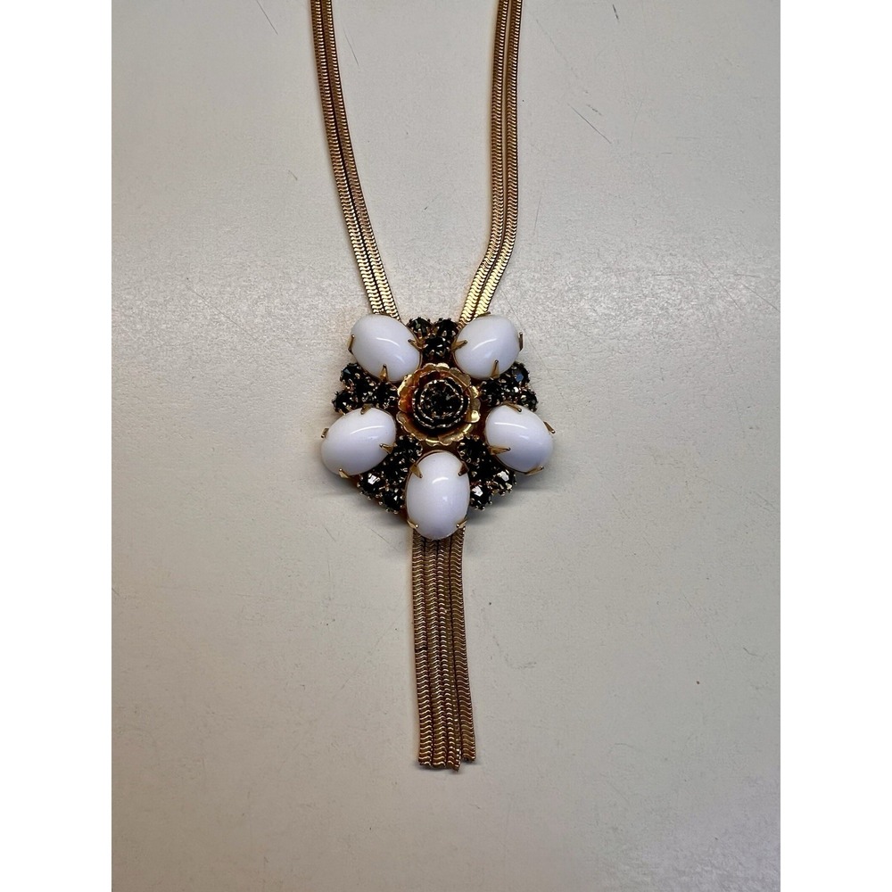 Vintage Gold‎ Tone Floral Necklace White Cabochon Black Rhinestone 21"